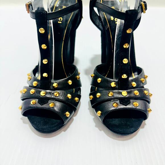 Gucci Sandals 37 /US 7 Black Suede Leather Gold Studded T-Strap High Heel - Picture 4 of 10
